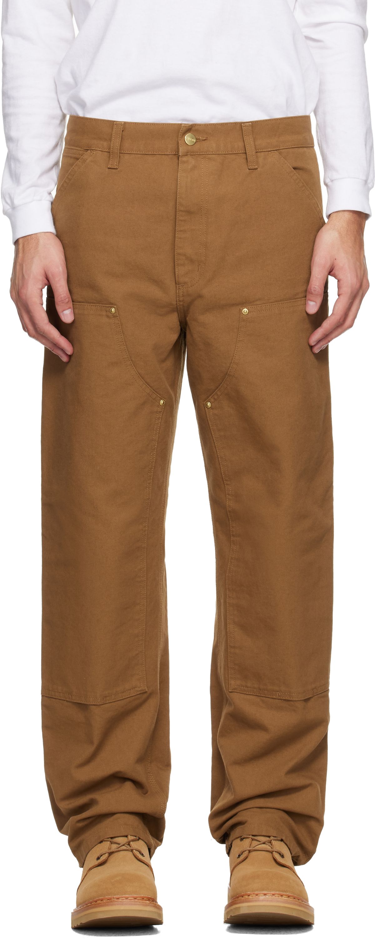 Carhartt Work in Progress Brown Double Knee Trousers with reinforced knee paneling, displayed flat