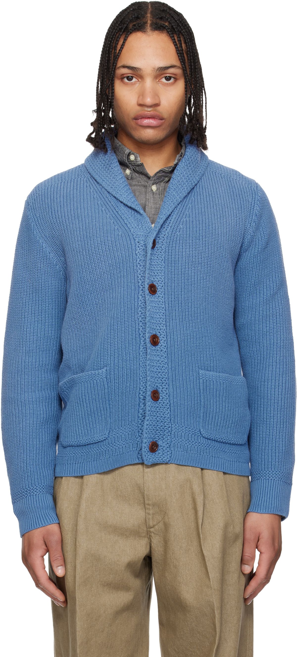 Polo Ralph Lauren blue cotton shawl-collar cardigan on sale at SSENSE, showing classic preppy silhouette with draped collar and structured fit