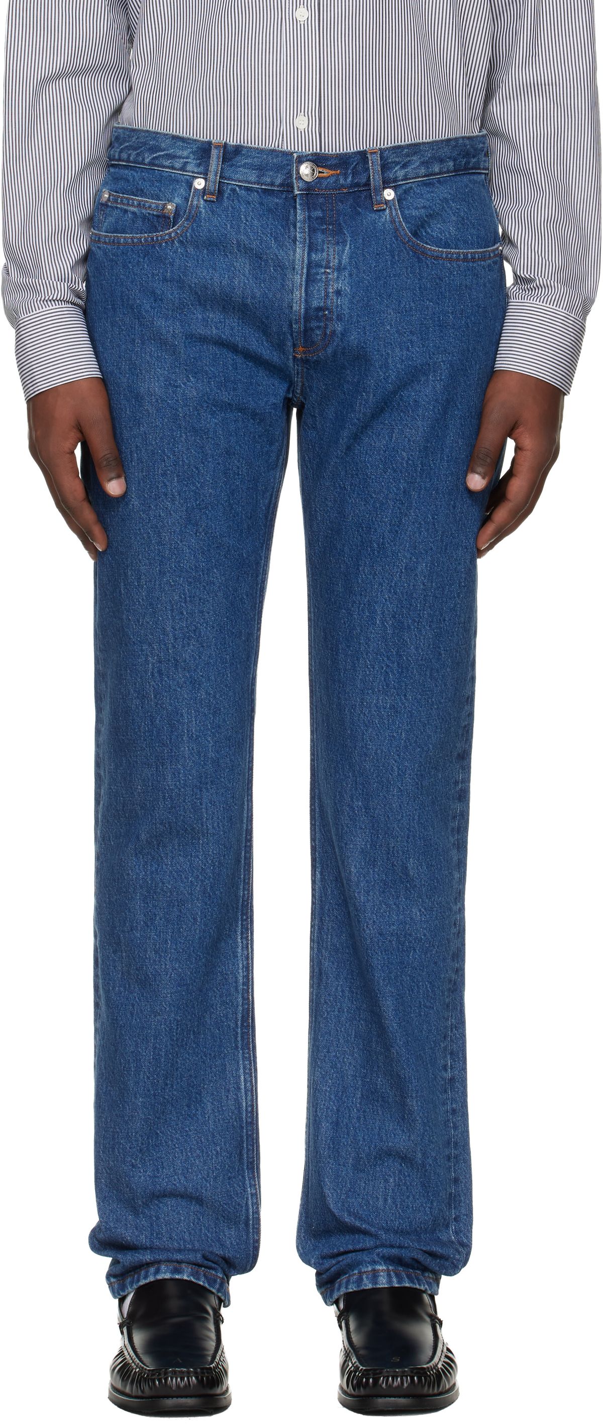 A.P.C. New Standard jeans in classic indigo blue, five-pocket silhouette with tapered fit
