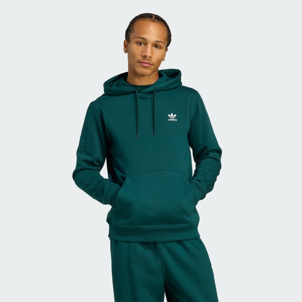adidas Trefoil Essentials Hoodie with iconic three-stripe trefoil logo, brushed fleece construction
