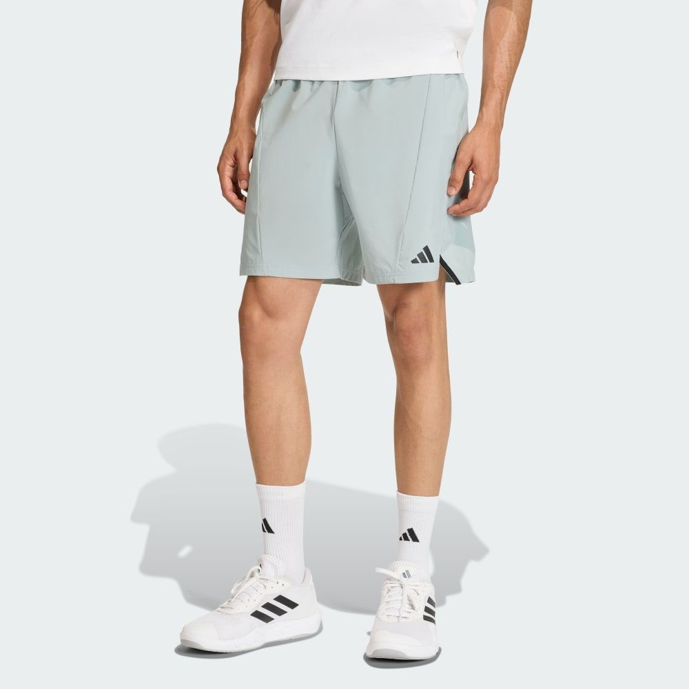 adidas Designed for Training Workout Shorts in neutral colorway, front view showing lightweight construction and athletic fit