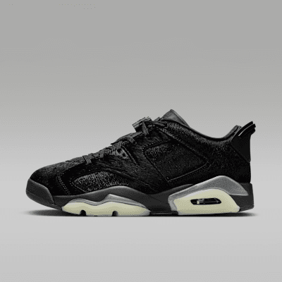 Air Jordan 6 Retro Low Women's in Black/Black/Black, showcasing the classic Tinker Hatfield silhouette with visible heel Air unit