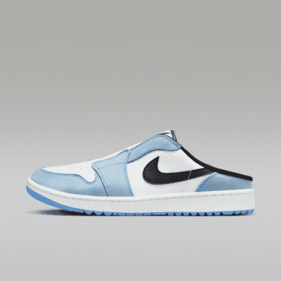 Air Jordan Mule Golf Shoes in University Blue, White, and Black colorway with golf-specific outsole design