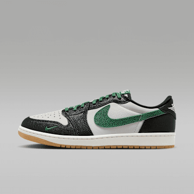 Air Jordan 1 Retro Low OG in Phantom/Black/Pine Green colorway, showing lateral profile with Swoosh and Jordan Wings logo