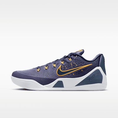 Nike Kobe IX Elite Low EM Protro in Thunder Blue, Laser Orange, and Football Grey—side profile view showing Flyknit upper and low-profile silhouette