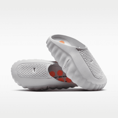 Nike Mind 001 Men's Pregame Mule in Light Smoke Grey, Photon Dust, Hyper Crimson, and Chrome colorway, style code HQ4307-003