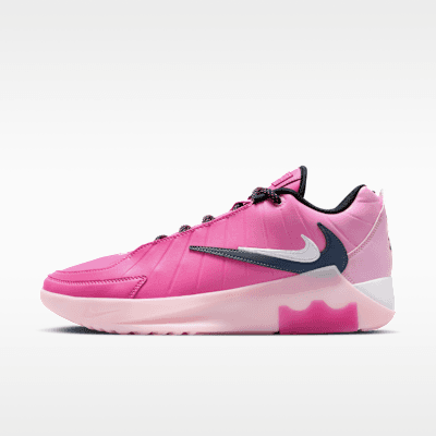 Nike LeBron Witness 9 basketball shoe in Desert Pink, Pink Rise, White, and Black colorway