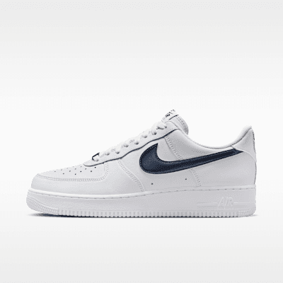 Nike Air Force 1 '07 LV8 in White/University Red/Midnight Navy, side profile view showing classic silhouette with perforated paneling and reinforced collar