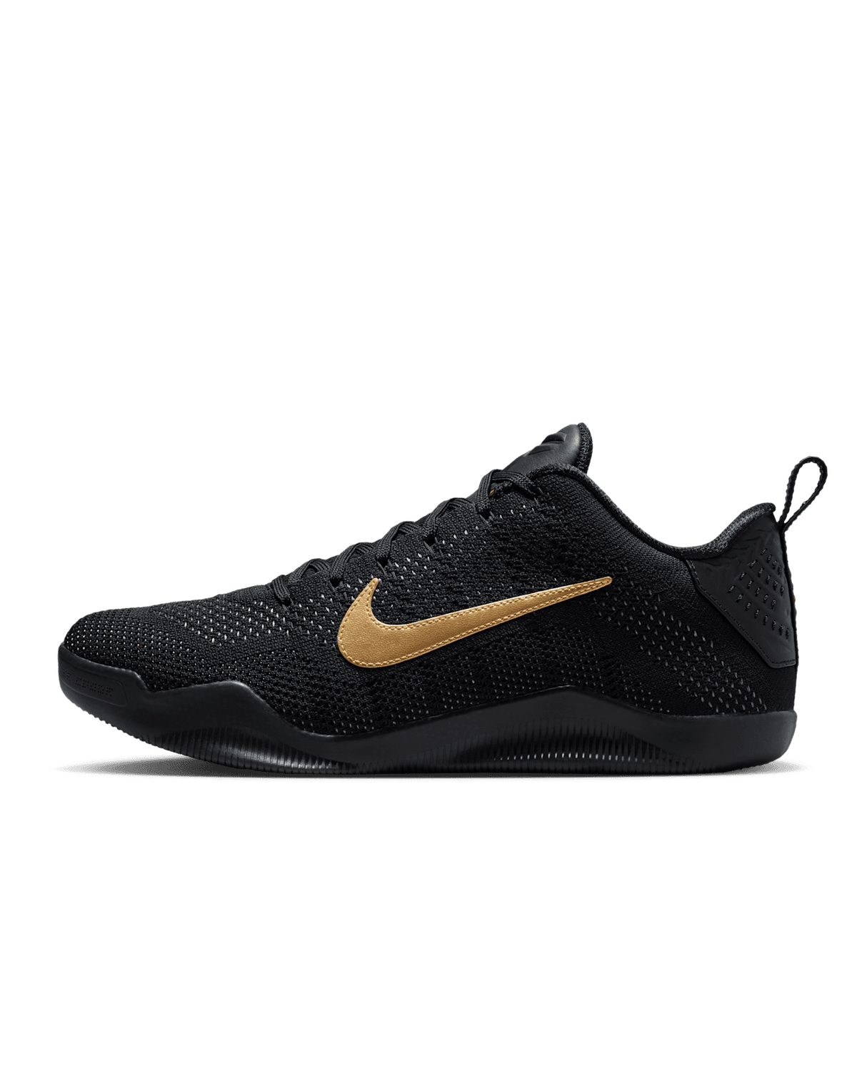 Nike Kobe 11 Elite Protro in Black and Metallic Gold, lateral view showing Lakers-inspired colorway and Protro construction details